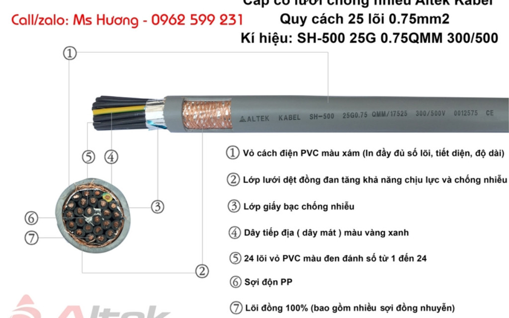 Cáp điều khiển Altek kabel 25 lõi 0,75mm2 có lưới chống nhiễu