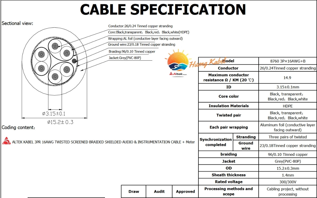 Cáp tín hiệu vặn xoắn Altek kabel 3 Pair 16AWG + Shield 2 lớp chống nhiễu